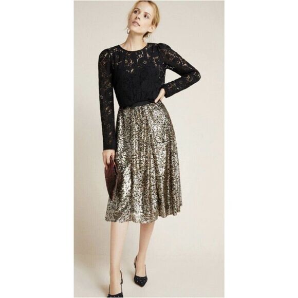 ANTHROPOLOGIE Maeve Orleans Gold Sequin Midi Skirt Metallic Party Size Small New - Picture 1 of 16
